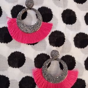CUTE! TASSEL AND PAVE EARRINGS - HOT PINK